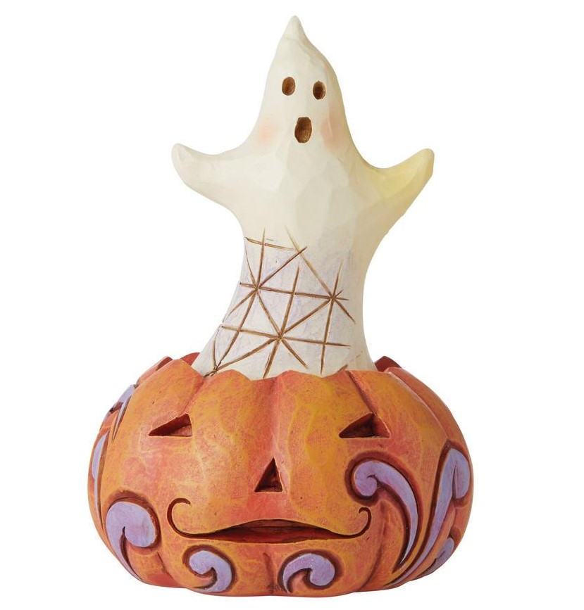 Jim Shore, Heartwood Creek, Jim Shore Heartwood Creek, Jim Shore Halloween, Halloween Pumpkin Mini Figurine, Halloween Kürbis mit Gespenst, 6010676, Heartwood Creek Halloween