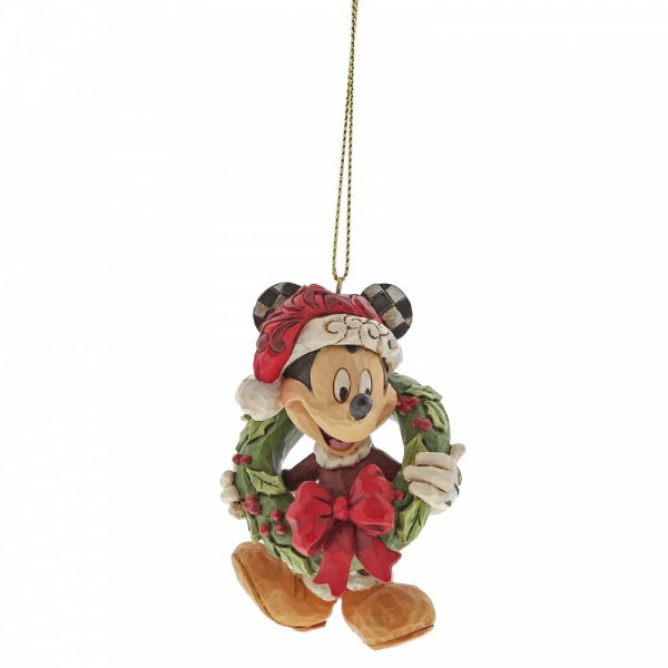 Disney Traditions , Jim Shore, Mickey Mouse Ornament, Micky Maus mit Kranz Anhänger, Disneyfigur, Disney Figur, Folkart, Volkskunst, A30355, Weihnachtsanhänger, Tannenbaumanhänger, Christbaumanhänger