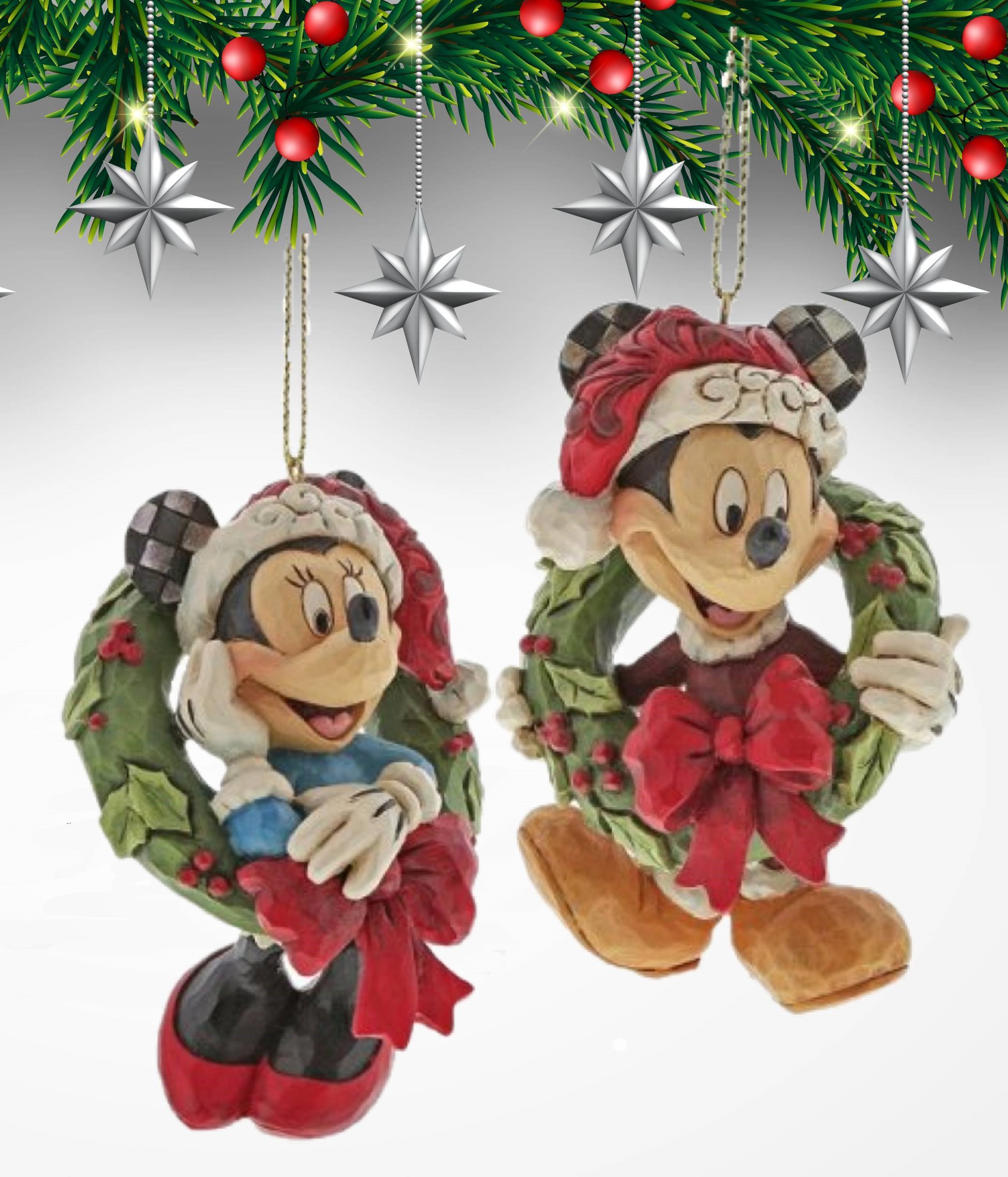 Disney Traditions , Jim Shore, Minnie Mouse Ornament, Minnie Maus mit Kranz, Micky Maus mit Kranz Anhänger, Jim Shore Disneyfigur, Jim Shore Disney, Jim Shore  Micky Maus, Jim Shore Weihnachten