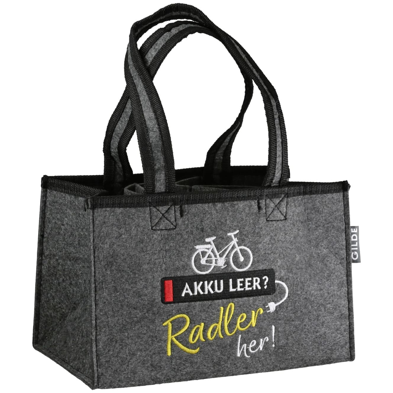 Flaschentasche Akku leer, Radler her - Gilde Flaschentasche Filztasche 44074 / Flaschenträger 6 Flaschen - Tragetasche