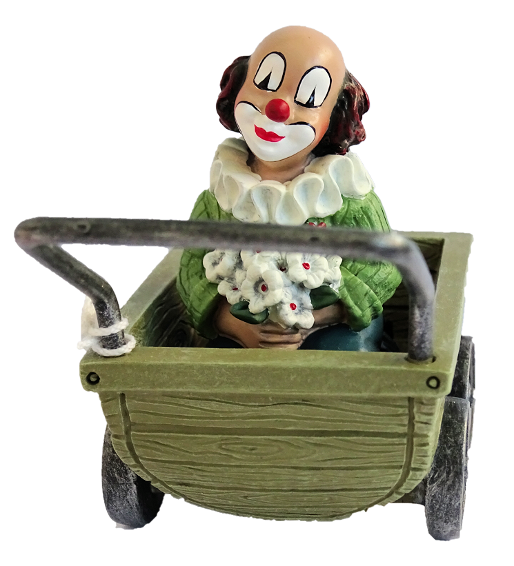 Gilde Handwerk, Gilde Clowns, Gilde Clown im Kinderwagen mit grüner Jacke und Blumenstrauß, Clown im Kinderwagen, Die Blumigen im Kinderwagen, 35621