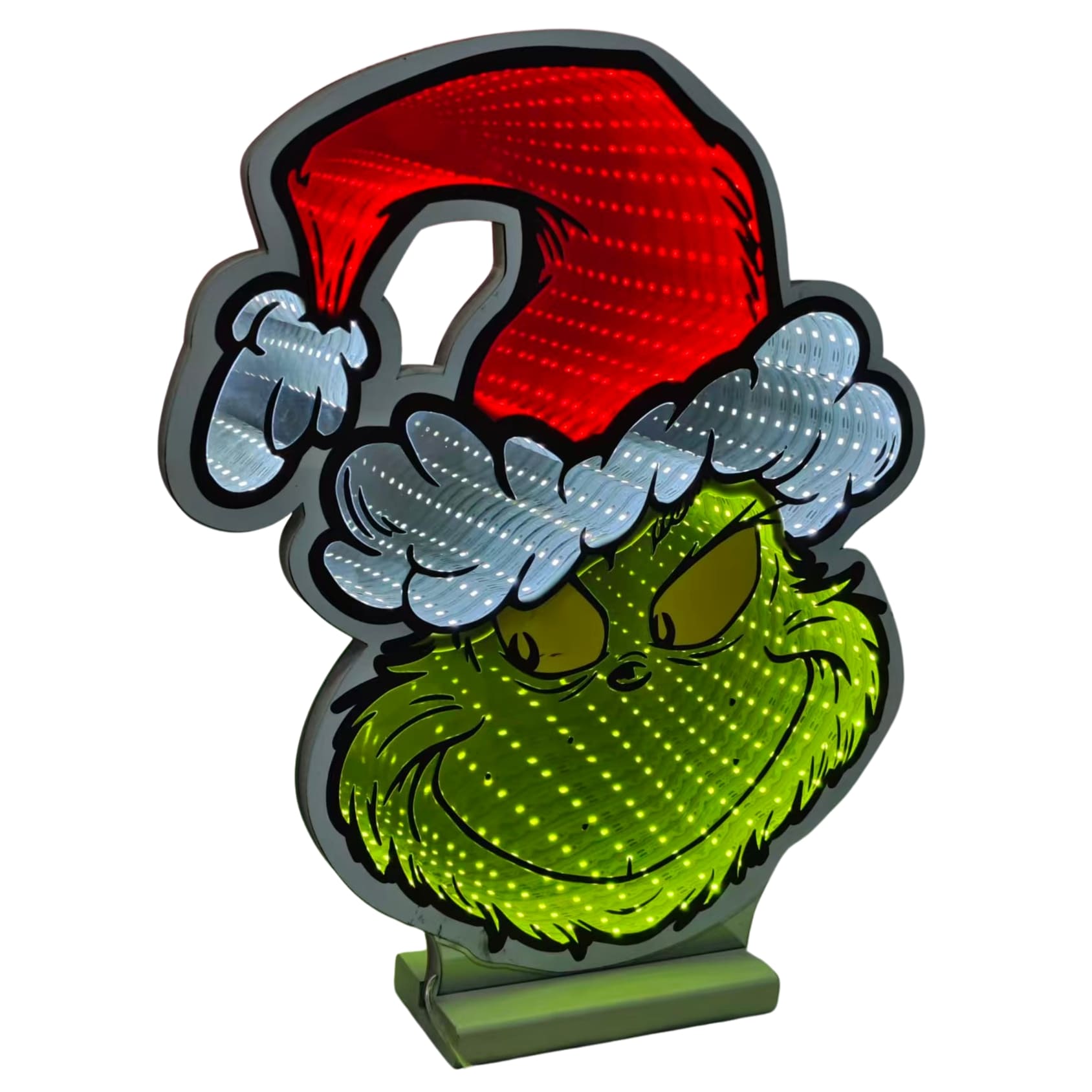 Infinity - Grinch Kopf mit Weihnachtsmütze 3D LED-Weihnachtsbeleuchtung | Disney Spiegellicht 40cm | Christmas Inspirations TG26001