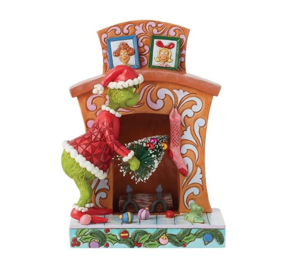 Jim Shore, Der Grinch, The Grinch, 6015224, Grinch Figur, Grinch am Kamin, Grinch Pushing Tree Up Fireplace, Chimney, Grinch Weihnachtsdekoration, Grinch Weihnachtsfigur