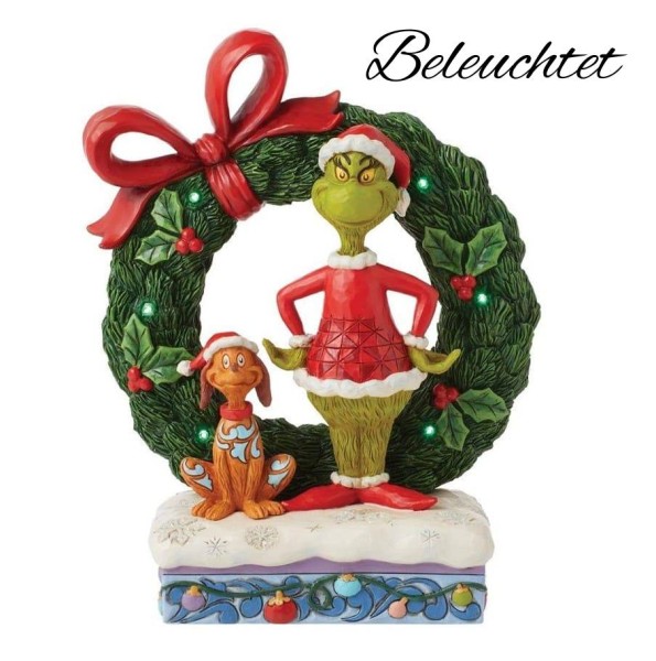 Jim Shore, Der Grinch, The Grinch, 6015210, Grinch Figur, Grinch & Max mit Kranz, Grinch and Max with Wreath, Grinch Weihnachtsdekoration, Grinch Weihnachtsfigur