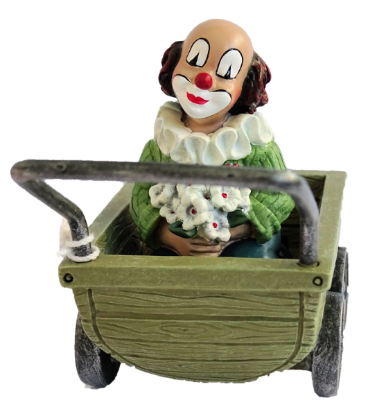 Gilde Handwerk, Gilde Clowns, Gilde Clown im Kinderwagen mit grüner Jacke und Blumenstrauß, Clown im Kinderwagen, Die Blumigen im Kinderwagen, 35621