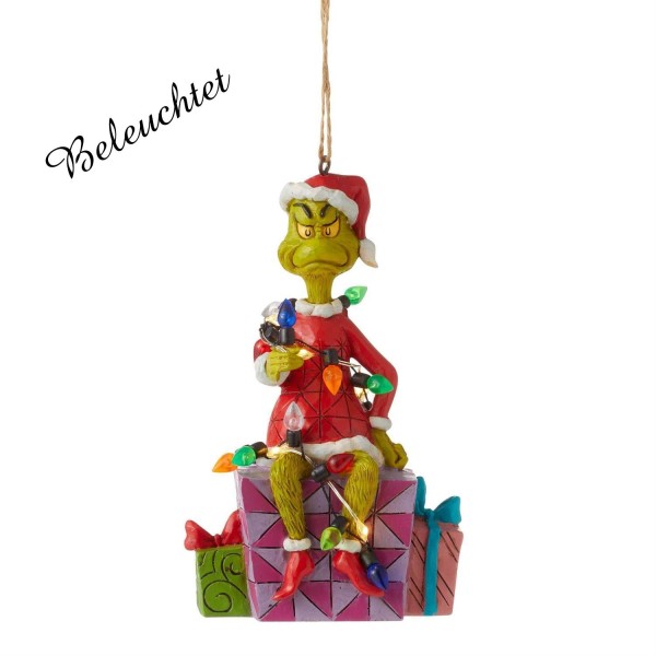 Der Grinch, Grinch, Jim Shore, The Grinch by Jim Shore, 6012709, Grinch mit Lichterkette Ornament, Grinch Wrapped in Lights Ornament, Grinch on Present Ornament, Grinch Weihnachtsanhänger