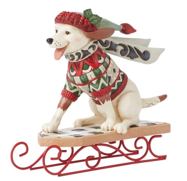 Jim Shore, Heartwood Creek, Jim Shore Santa, 6015445, Dashing Downhill, Dog on a Sled, Schlittenfahrt, Hund auf Schlitten, Jim Shore Weihnachtsfigur