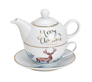 Tea for One Teekannen-Set 3-teilig Elch Merry Christmas weiß-gold