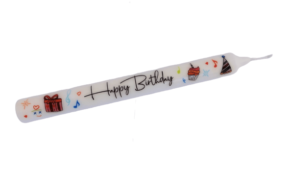 Kerze Happy Birthday, geschwungene Schrift, weiß 10039665