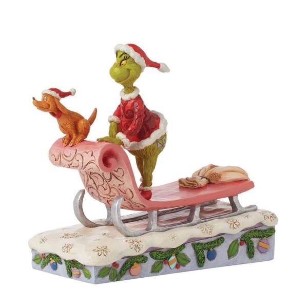 Jim Shore, Der Grinch, The Grinch, 6015215, Grinch Figur, Grinch & Max auf Schlitten, Grinch and Max on Sled Grinch Weihnachtsdekoration, Grinch Weihnachtsfigur