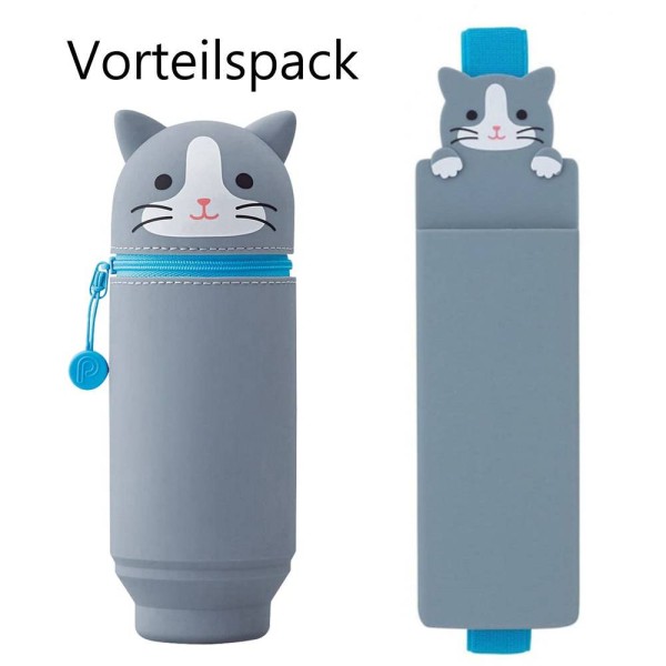 PuniLabo, Punilabo, Lihit Lab, Federtasche und Stiftehalter, stehende Federtasche, Pencil Case, animal, Tiere, innovativ, innovative, stand up pen case, Buchband Stifteetui, Vorteilspack, Graue Katze